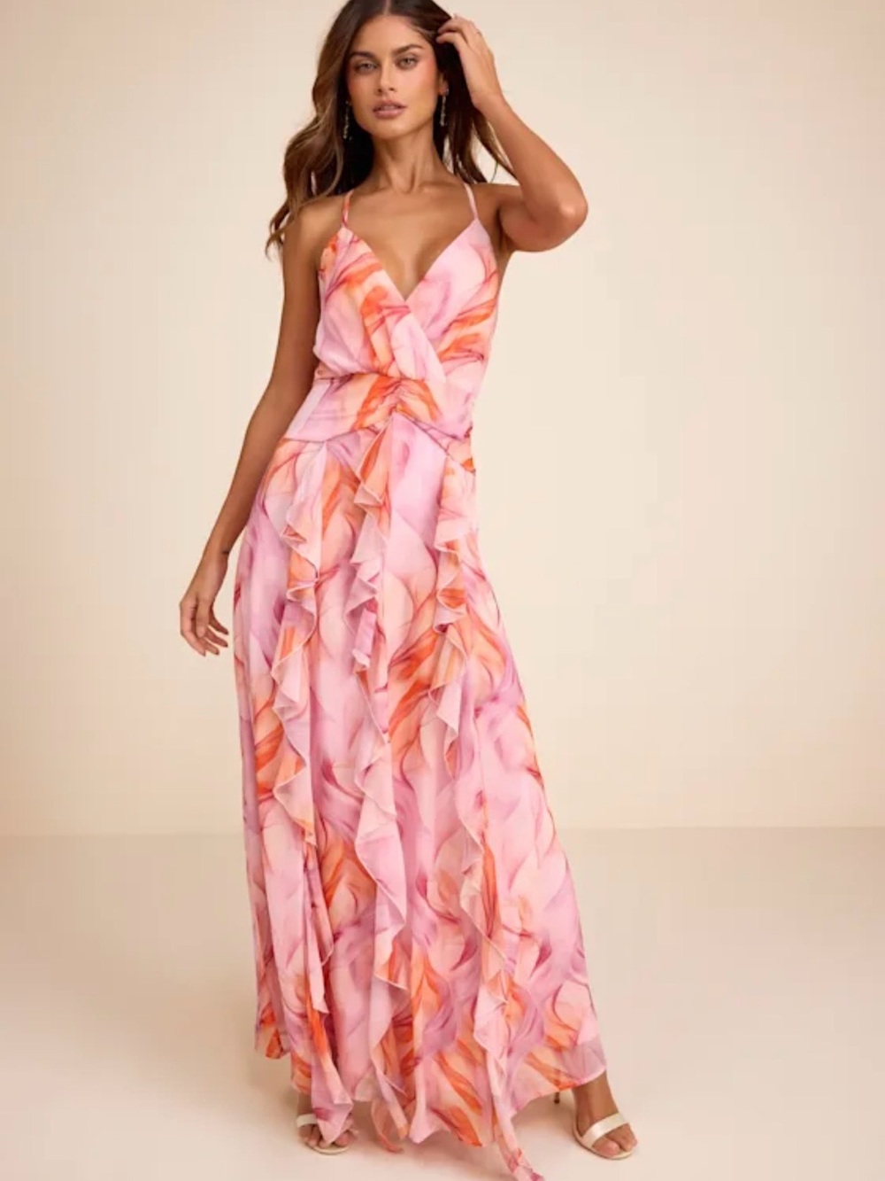 Lulu's Pink & Orange Twist-Front Ruffle Maxi Dress
